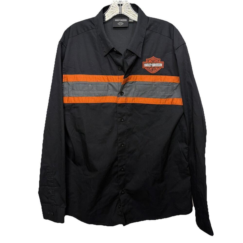 Harley Davidson Black Orange Garage Mechanic Biker Button Down Shirt Large
